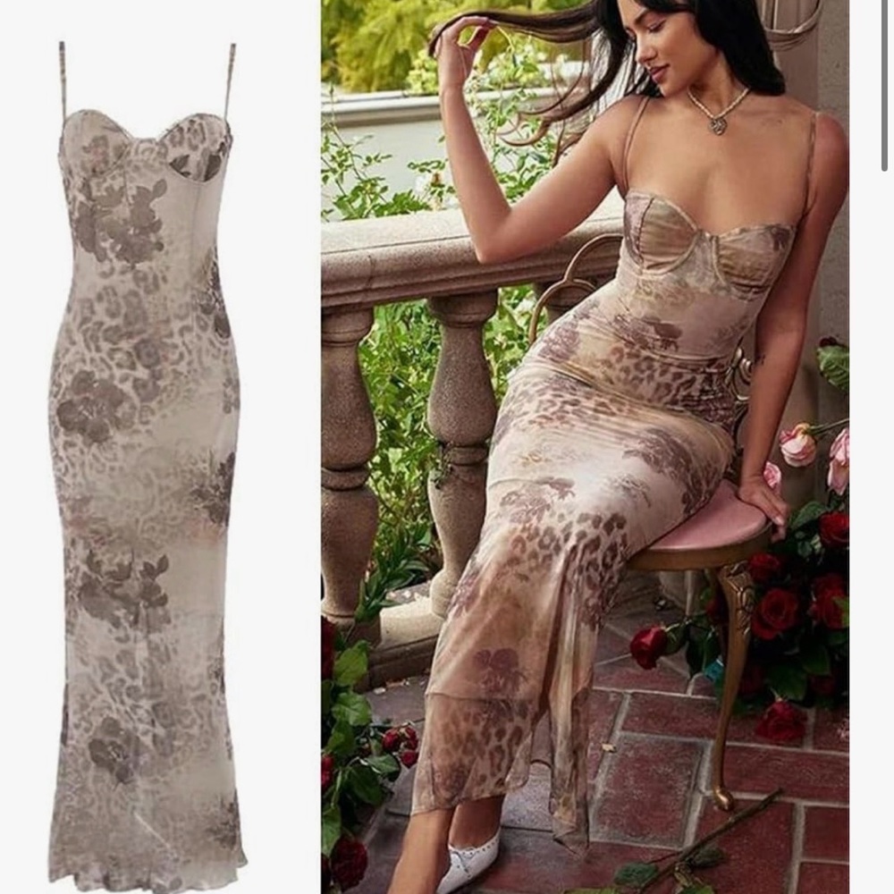 Strapless Floral & Animal Print Mesh Maxi Dress - Beige